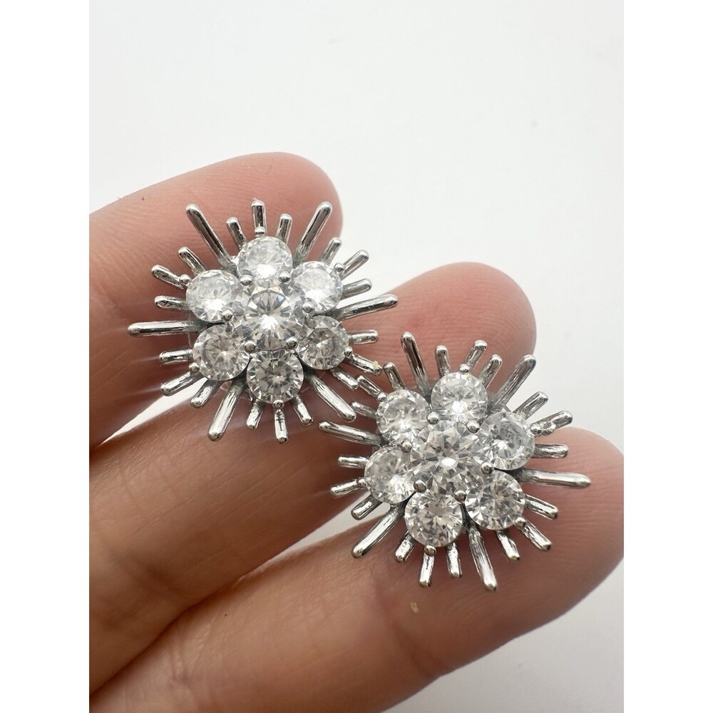 Silver Tone Rhinestone Cluster Floral Pierced Earrings